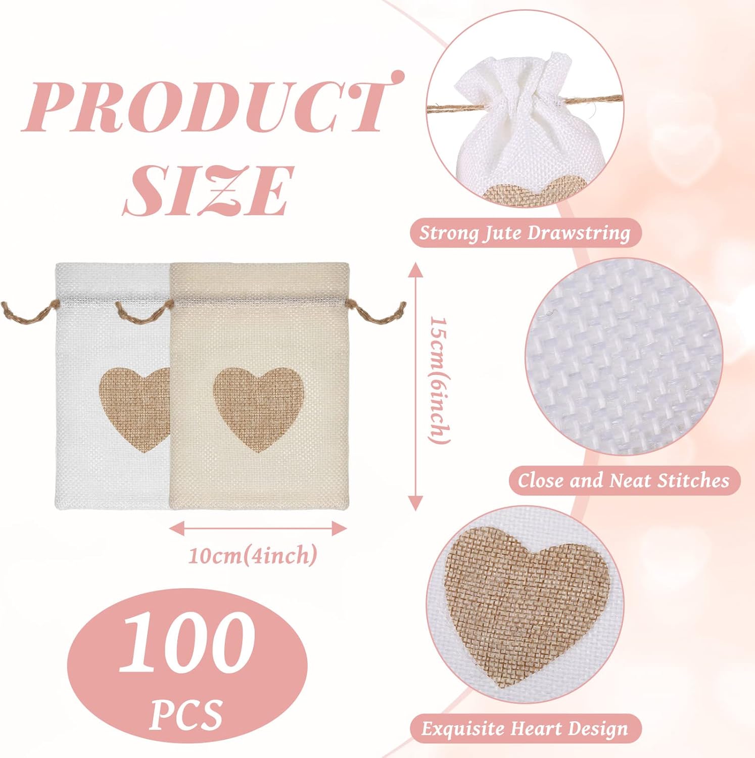 Zhengmy 100 Pcs Heart Burlap Bags 4 x 6 Inch Drawstring Linen Gift Pouch, Mini Gift Jewelry Drawstring Burlap Bag for Valentine‘s Day Wedding Birthday Easter Christmas Party Favors - Image 2