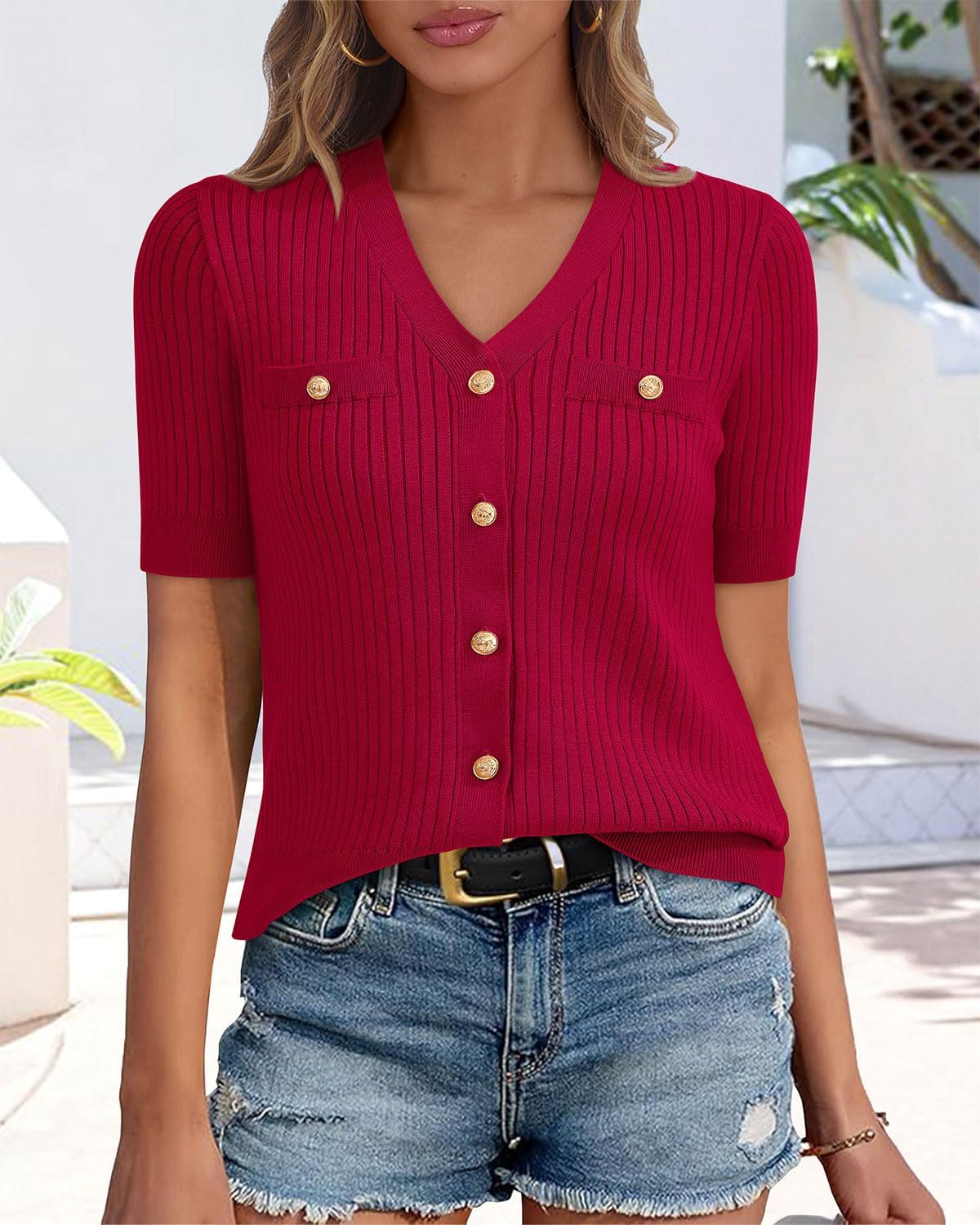 Zenlonr Women's 2025 Summer Button Down Shirts Casual Short Sleeve Blouse Tops V Neck Ribbed Knit Cardigans - Image 2