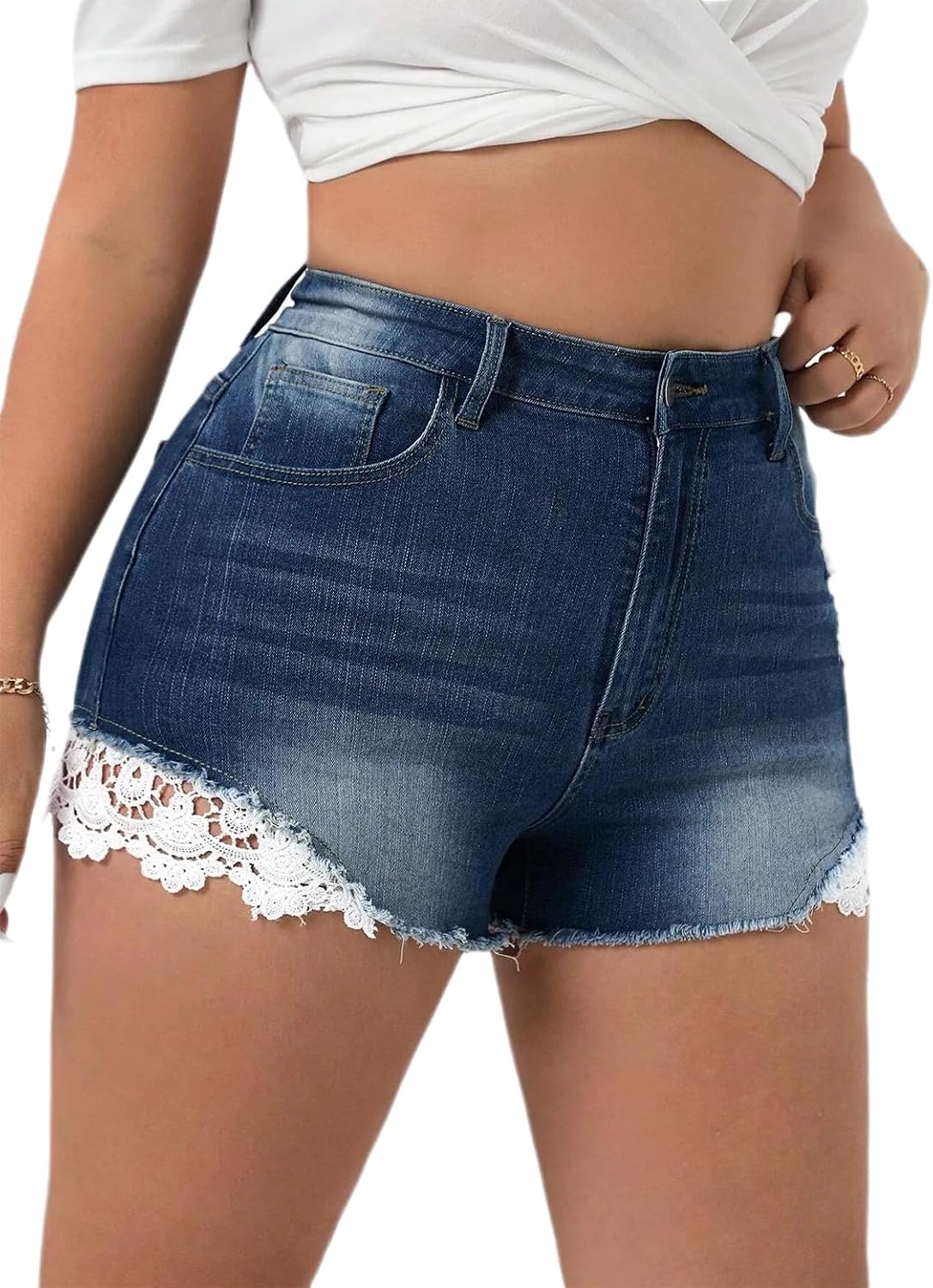 Plus Size Womens Denim Shorts High Waisted Stretchy Ripped Distressed Cutoff Frayed Folded Hem Summer Casual Jorts