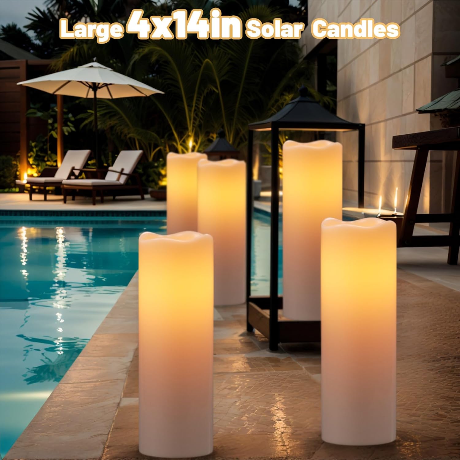 Wondise 14in Large Solar Candles Outdoor Waterproof IP65 Rechargeable Solar Candles Dusk to Dawn, Outdoor Pillar Candle for Camping Patio Porch Lanterns(2Pack, 4" D x 14" H)