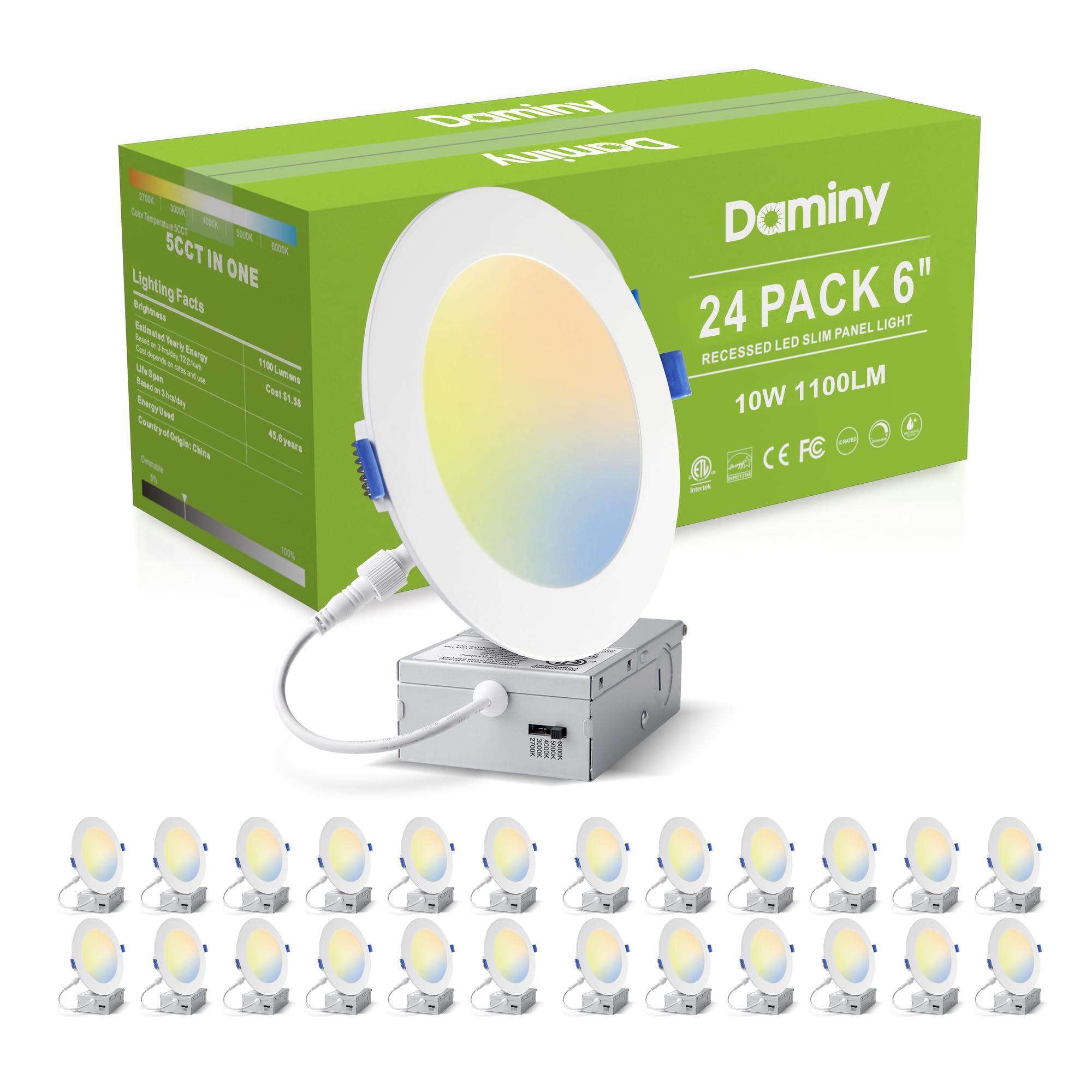 DAMINY 24 Pack 6 Inch LED Recessed Lighting with Junction Box,5CCT,Ultra-Thin Recessed Light,10W 1100lm, Dimmable Canless Wafer Ceiling Light, High Brightness - ETL