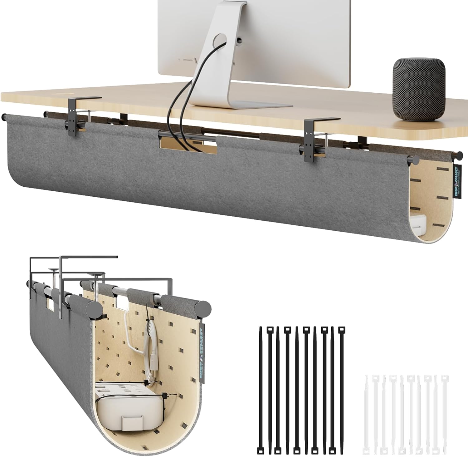2-in-1 Under Desk Cable Management Tray & Privacy Panel, Dual-Sided Felt Cord Organizer to Hide Wires and Clutter, Desk Mount Cord Holder for Office and Home, Clamp or Screw Mount (Gray/Khaki, 45.3″)