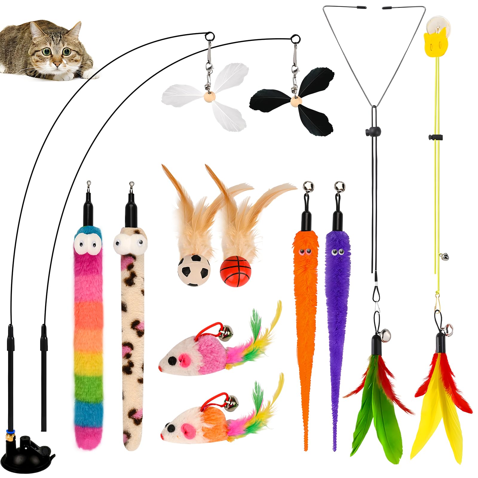 TXRRURE Cat Feather Toys, Enhanced Suction Cup Cat Toys, Interactive Cats Teaser Wand, 10pcs Fishing Pole Feathers Toy Replacements & 2pcs Bouncy