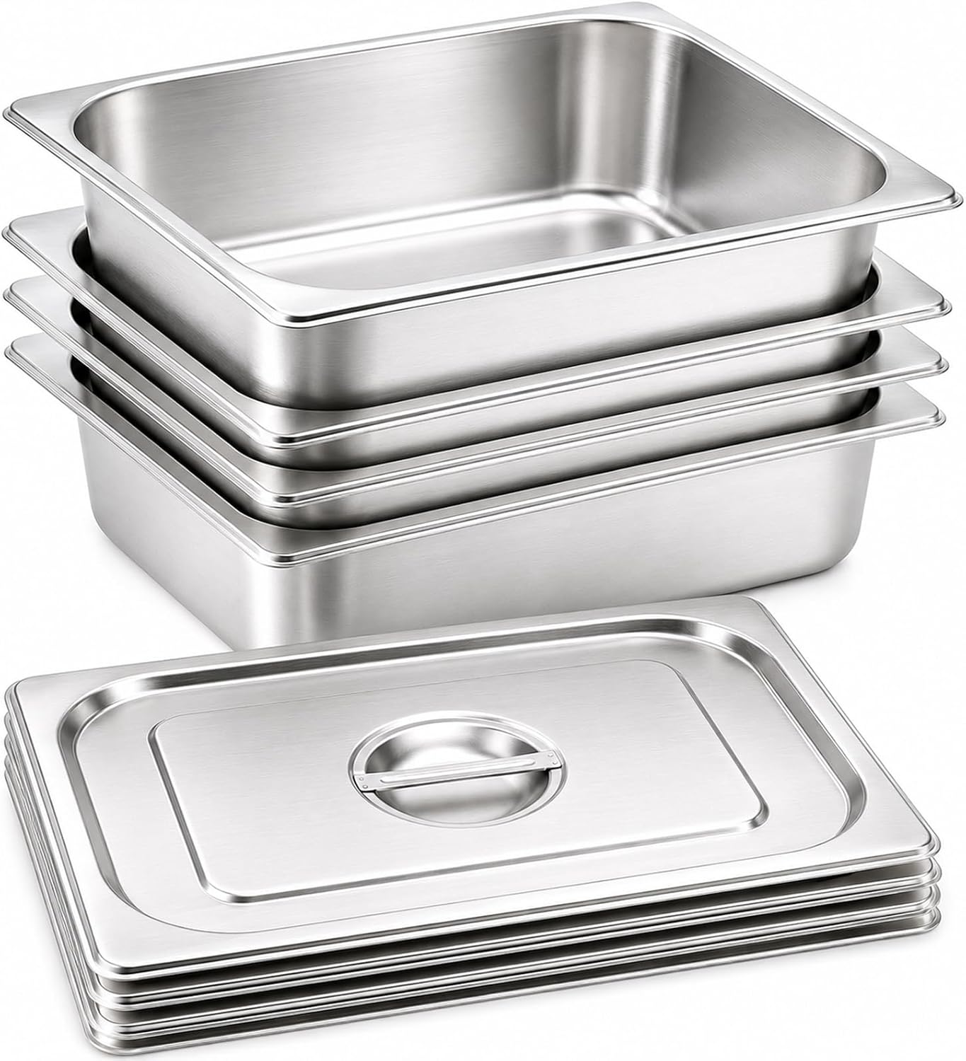 4 Pack 1/2 Half Size Hotel Pans with Lids, Stainless Steel Steam Table Pans