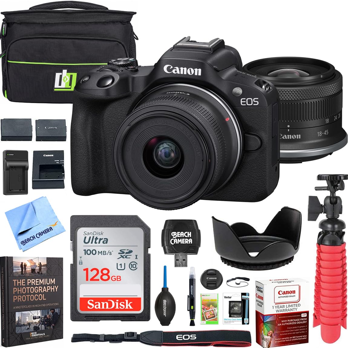 Canon EOS R50 Mirrorless Camera with 18-45mm F4.5-6.3 is STM Lens Bundle | 5811C012 Body & RF-S Lens Kit with Memory Card, Deco Gear Deluxe Case Kit