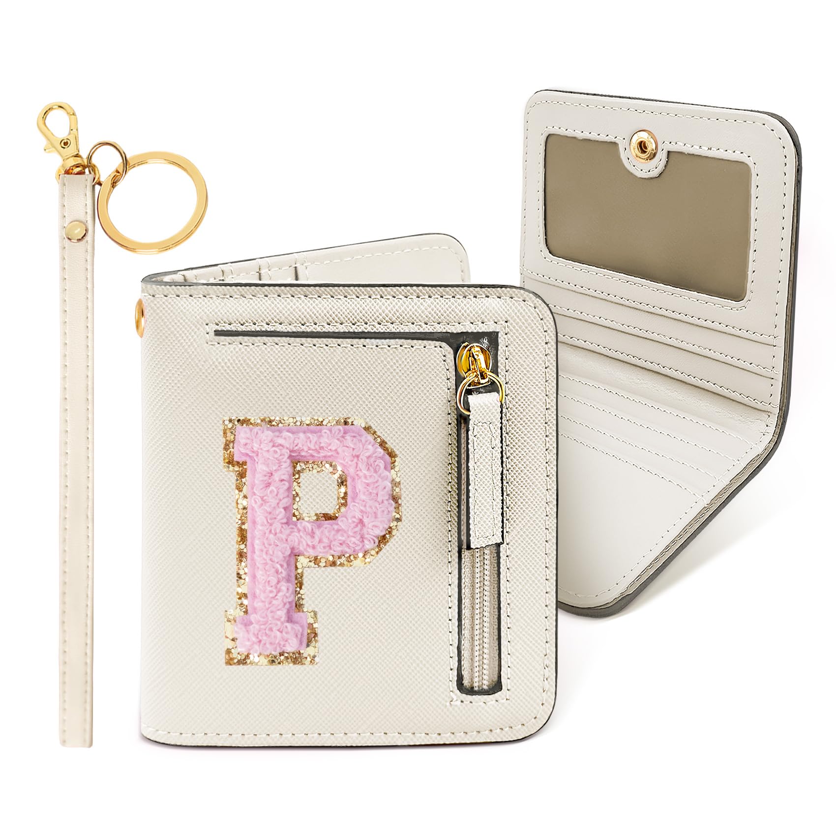 COSHAYSOO Preppy Wallet Gifts for Teen Girls Women Small Wallet RFID Bifold PU Leather Christmas Valentines Easter Mothers Fathers Day Nurse Appreciation Graduation Gifts Chenille Letter P Cream