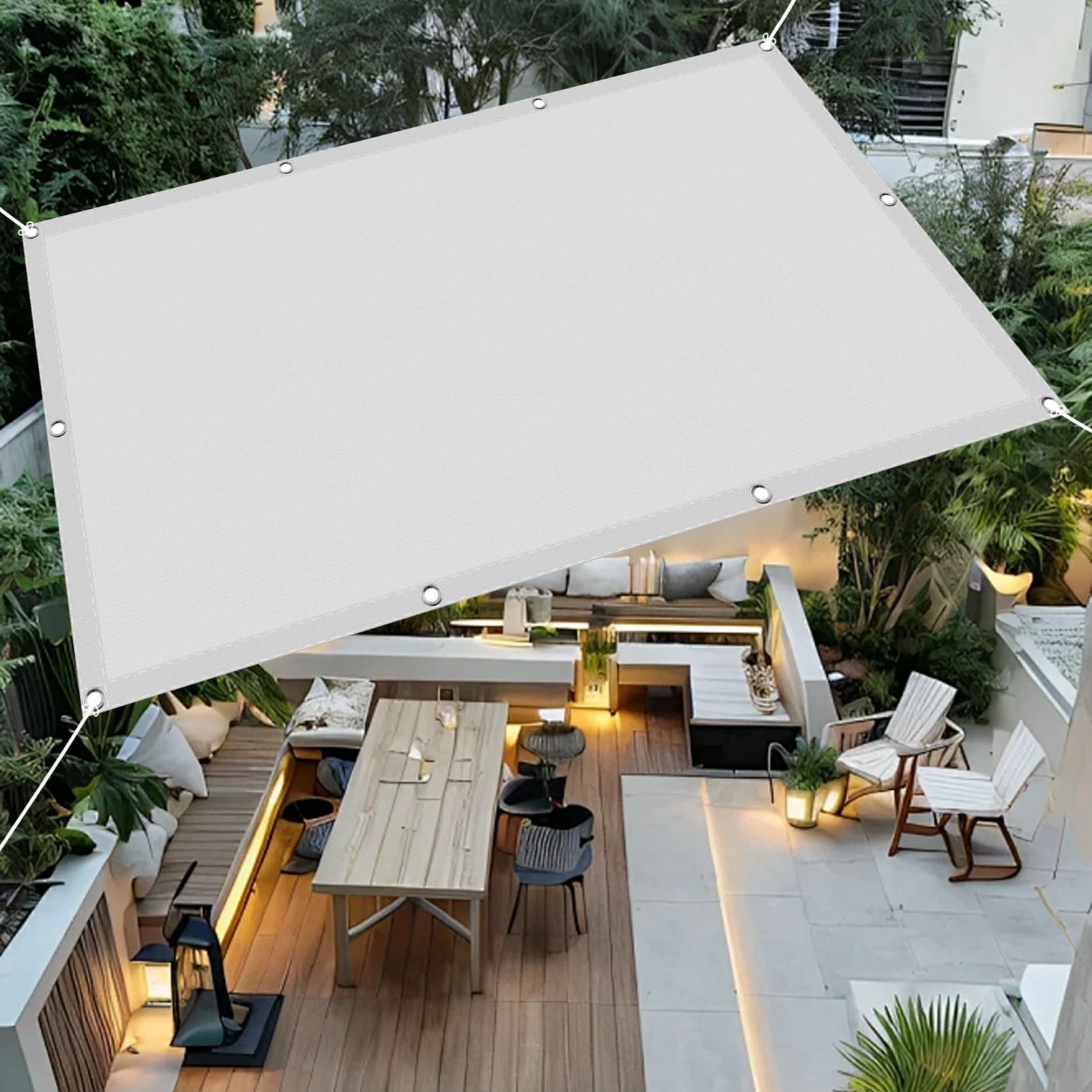 Voile d'ombrage rectangulaire 220x600 cm blanc et imperméable pour abriter l'extérieur