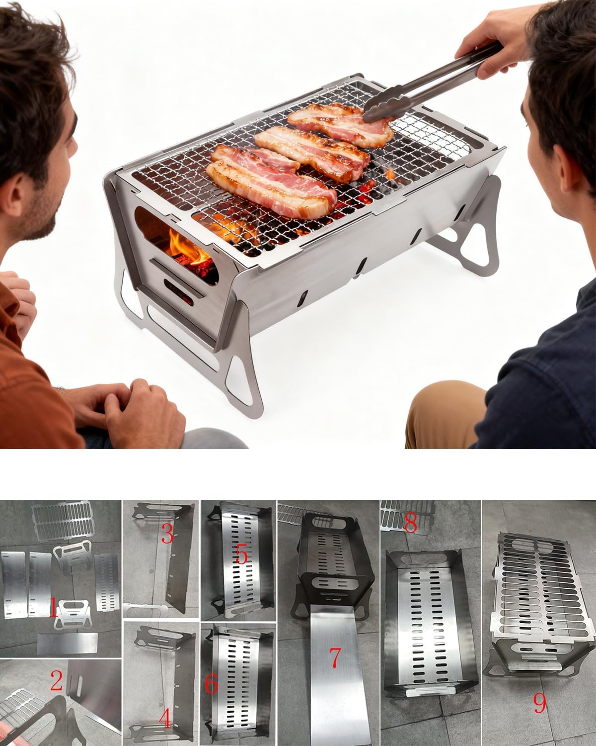 zeng portable charcoal grill– Stainless Steel bbq Foldable charcoal small grill for Outdoor Cooking, Camping, Picnics (14.96"x8.66"x7.68", 7.5 lbs)