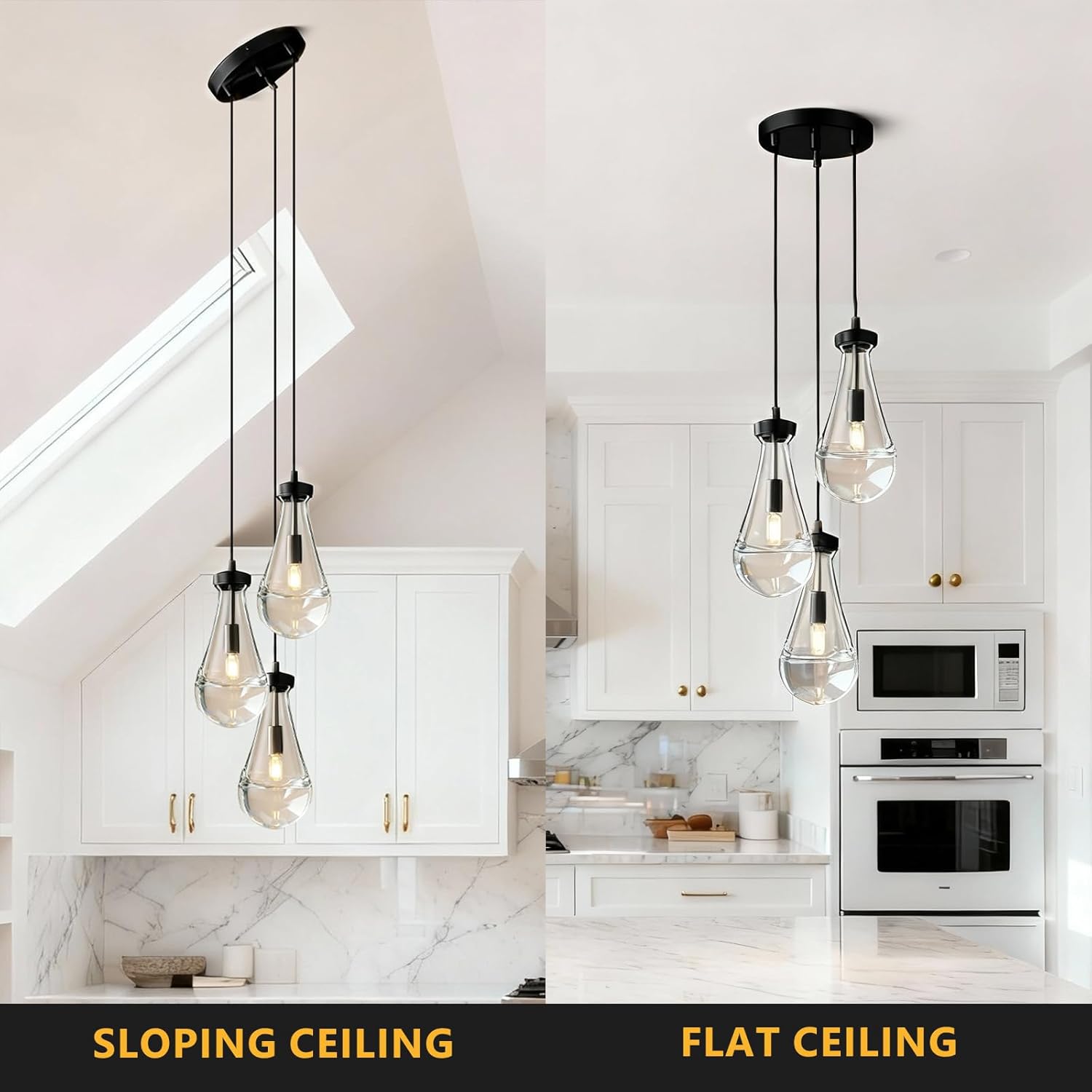 Raindrop Pendant Light Kithcen Island, Raindrop Chandelier Black Teardrop Pendant Lights with Adjustable Hanging Rope,Glass Pendant Light for Dining Room,Corridor (3-Light),Bulb Included