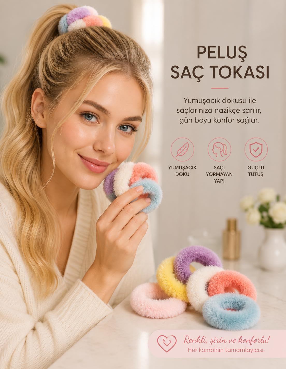 Kadın Pastel Ton 6'Lı Peluş Toka Setii, Kadın Çocuk Lastik Toka Seti,