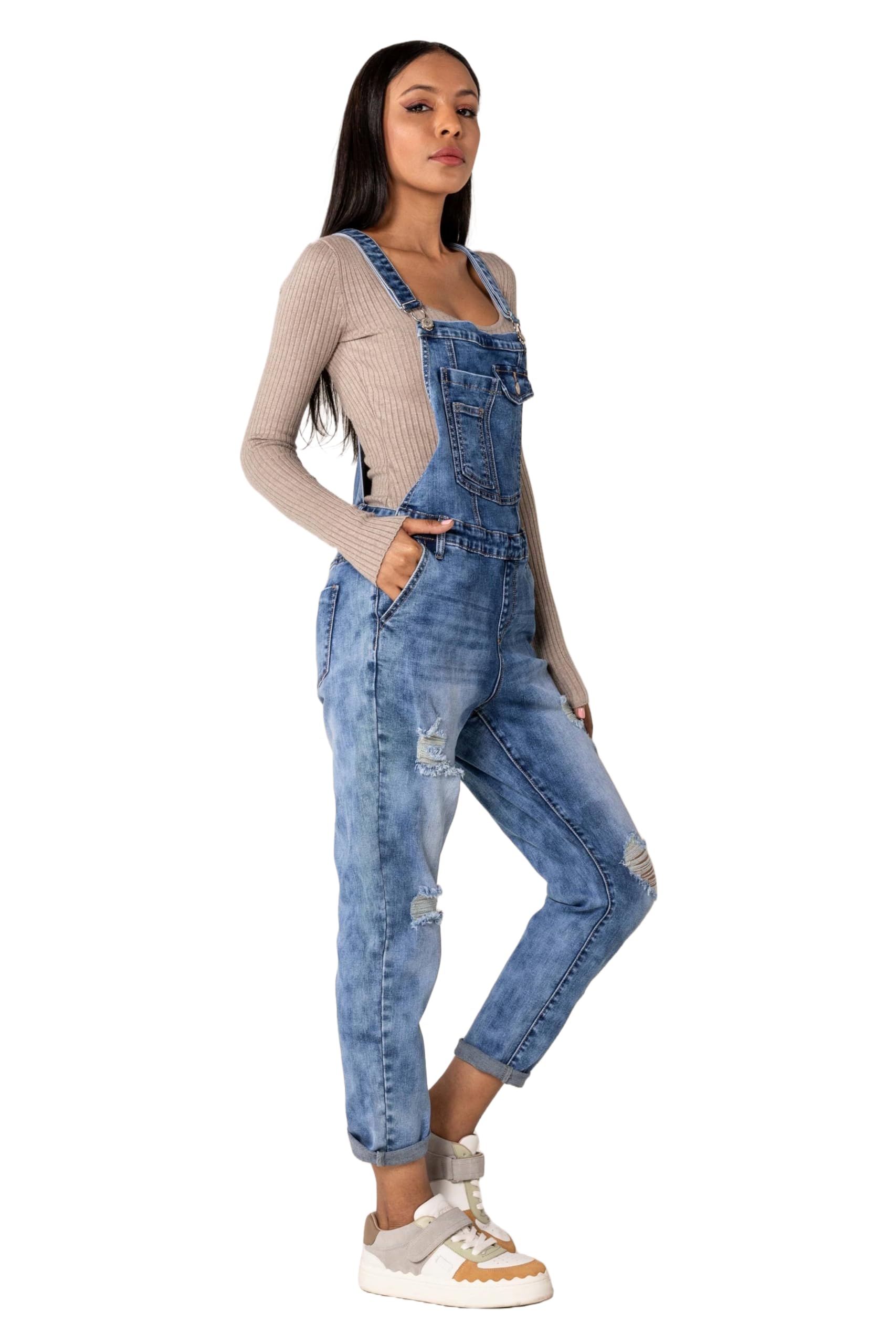 Nina Carter Salopette en Jean pour Femme Boyfriend Look Usé Jumpsuit Denim Combinaison d'été