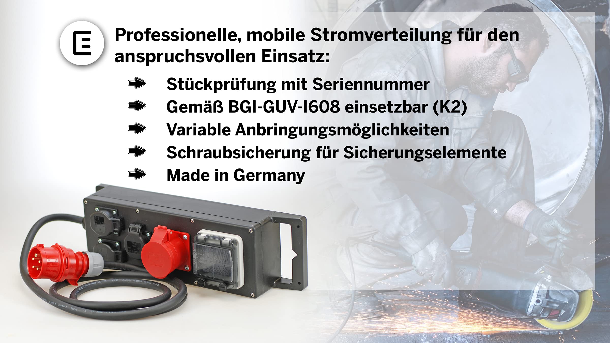Ehmann PROFI Verteiler-Block mit FI Schalter, Made in Germany, 4 Ausgänge (1 x CEE 16 A, / 3 x 230 V~), 2m Zuleitung H07RN-F 5G 2,5mm², IP54, K2, BGI-GUV-I608