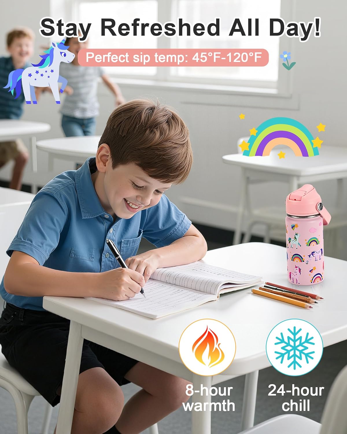 Kids Water Bottle 14oz with Silicone Straw Lid - Insulated Toddler Water Bottle Stainless Steel Keeps Cold 24H, Leak Proof & Unicorn Rainbow Prints Girls Design | Custom Name Tag for School, Pink - Image 4