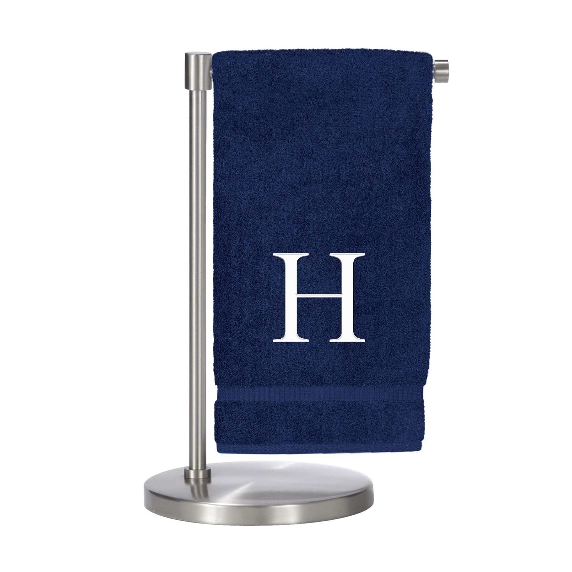 Monogrammed Bath Towel, Personalized Gift, Set of 2- White Block Letter Embroidered Towel - Extra Absorbent 100% Turkish Cotton - Soft Terry Finish - Initial H Navy