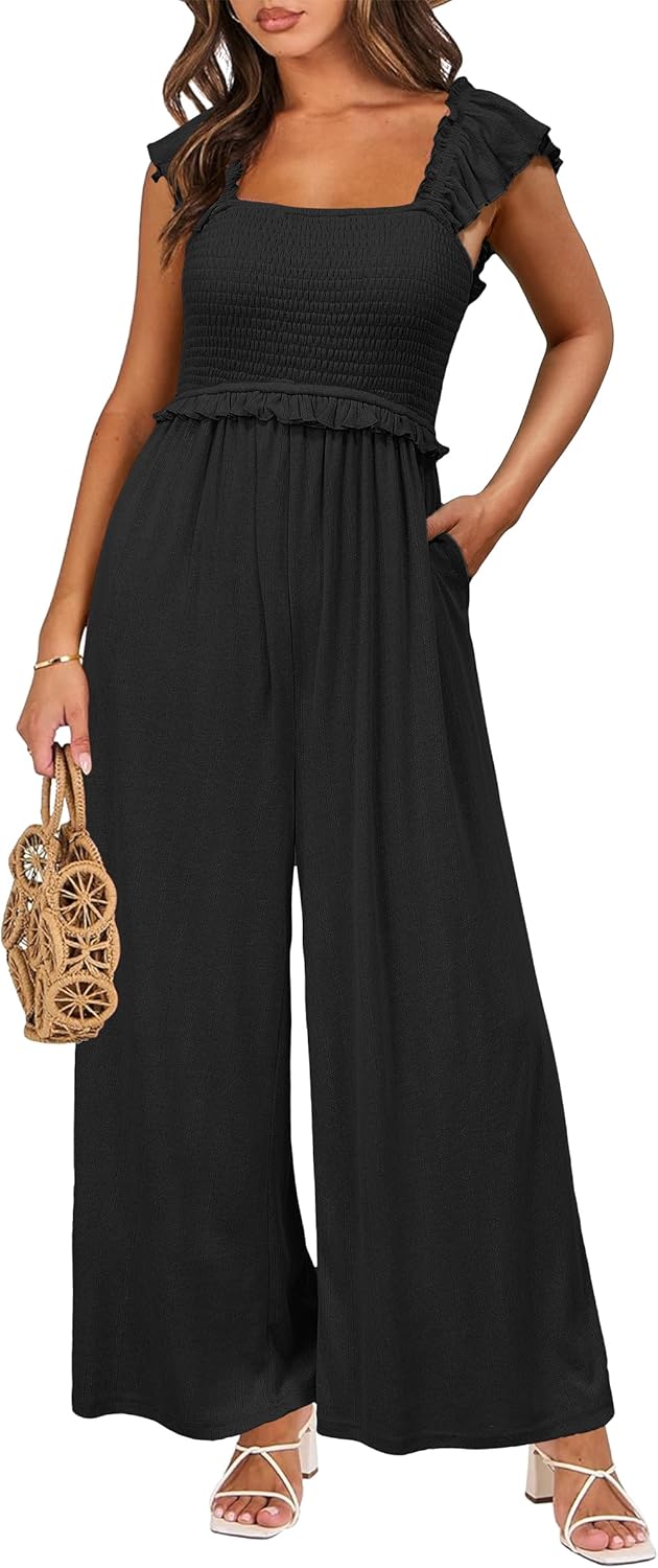 OUGES Jumpsuits for Women Casual Summer Overalls Ruffled Sleeve Strap Wide Leg Pant Rompers with Pockets
