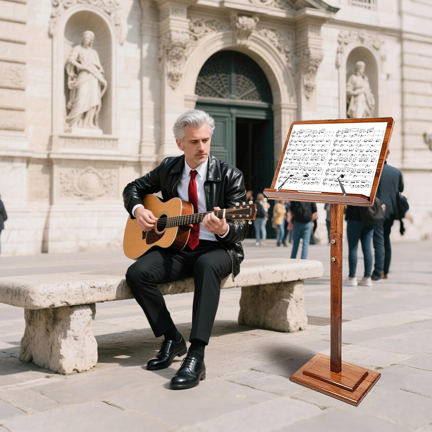 Wooden Music Stand for Sheet Music - Bamboo Desktop Book Stand with Carrying Bag Adjustable Height, Lectern Podium On-Stage Holder for Guitar Violin Piano Players