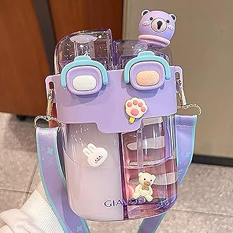 Cute Water Bottle with Straw - Kawaii Kids Water Bottle with Strap, Portable Plastic Water Bottle Aesthetic Water Bottle for Girls Boys with Stickers for School, Travel, Sports, Outdoor