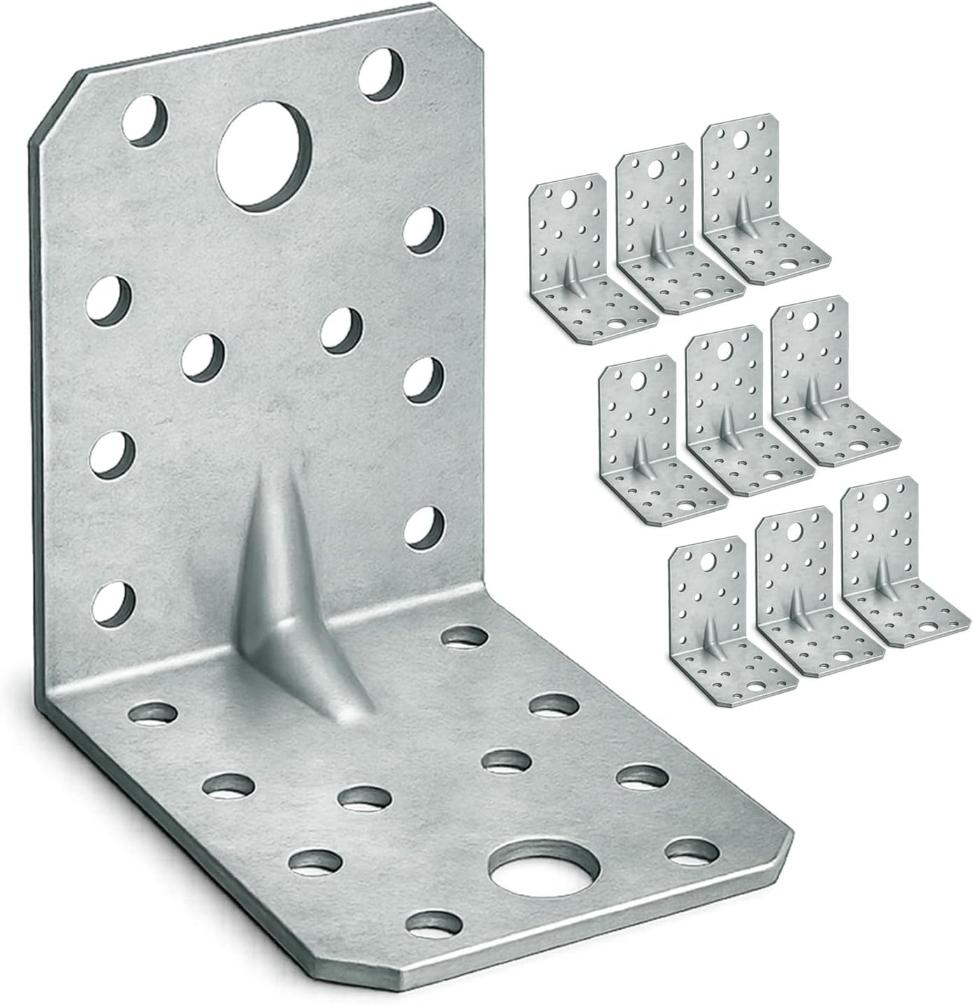 10 x Angle Brackets (70 x 70 x 55 x 2) Heavy Duty Corner Sleeper Bracket with Beading Timber Wood Metal Joining Fixing L Galvanised Steel Sheet Connector