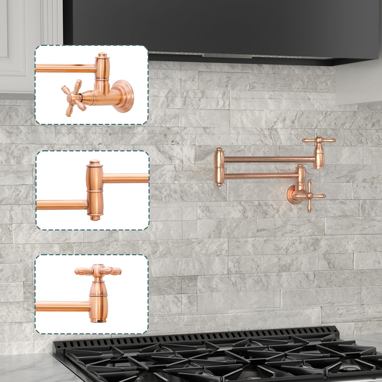 Akicon Pot Filler Faucet - Solid Brass Wall Mount Kitchen Faucets with Double Foldable Swing Arms, 22" Folding Stretchable Kitchen Faucet Over Stove & Range, Copper Kitchen Faucet - AK98288N1