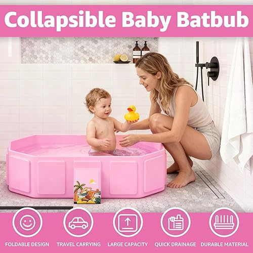 Miniatura 3 de Bañera plegable para bebé, bañera para niños pequeños con tapón de drenaje, plegada para almacenamiento sin montaje, adecuada para recién nacidos y