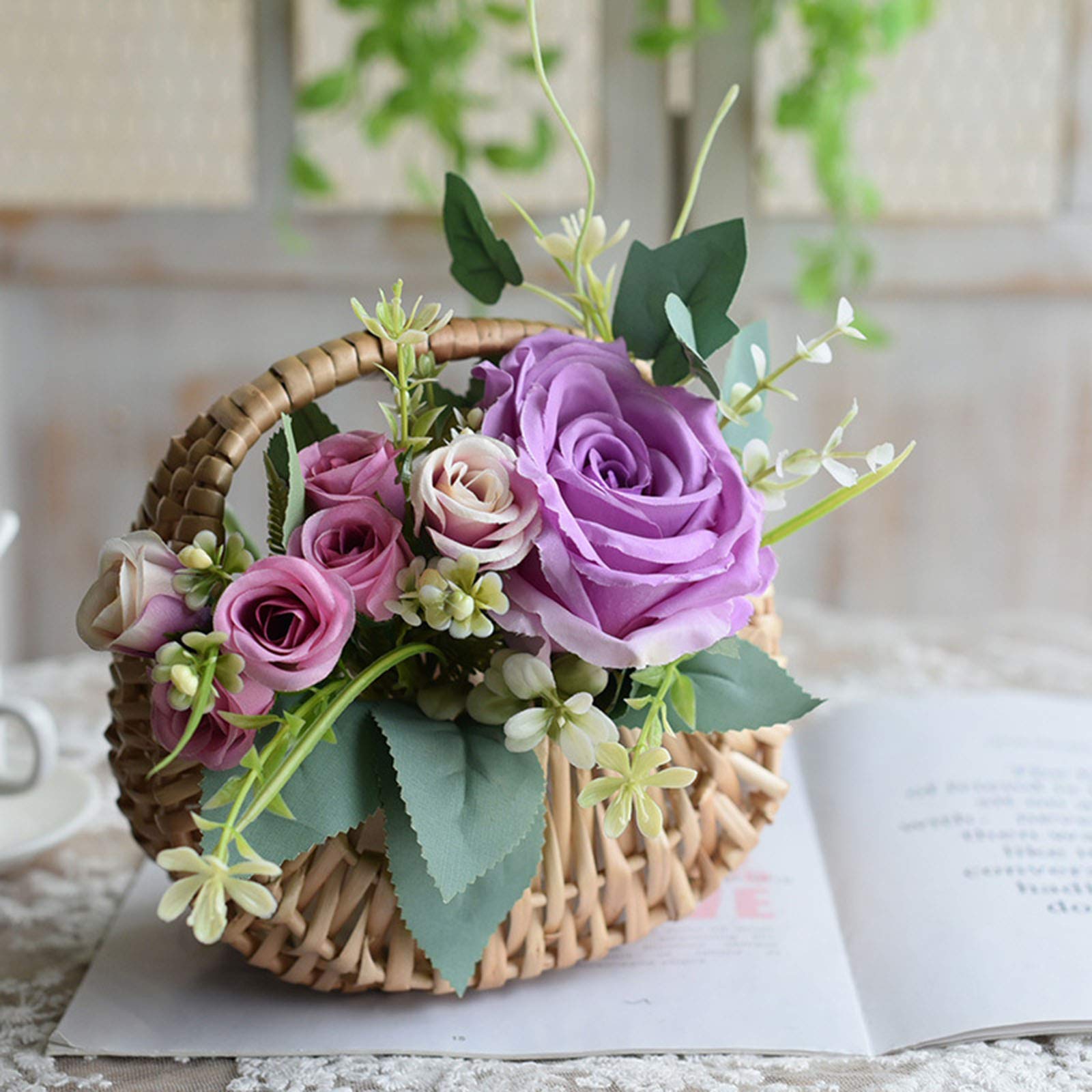 Confezione da 2 cestini per la composizione dei fiori, alti 17 cm, in rattan, portatili, fatti a mano, per la tessitura, per matrimoni, fiori e ragazze