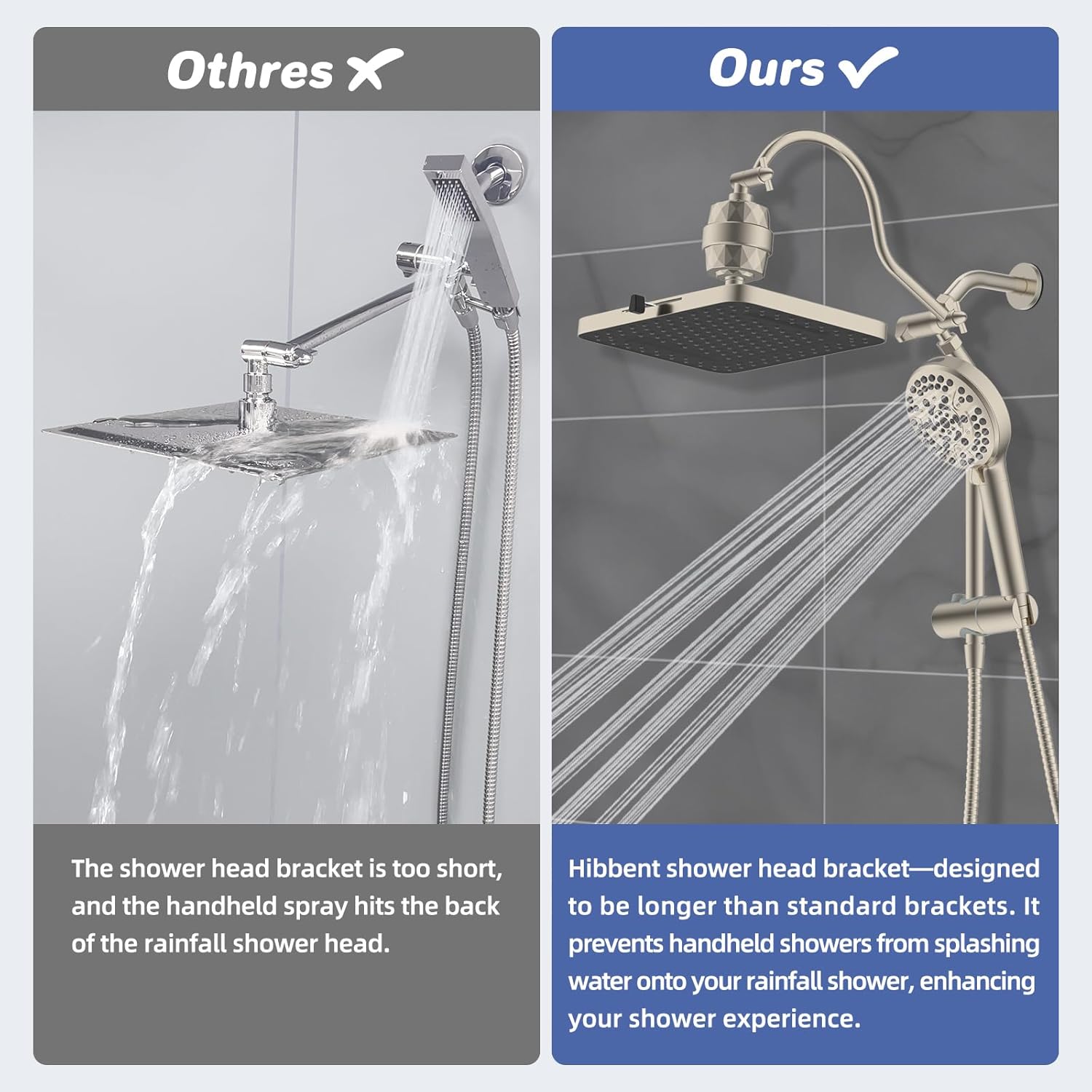 Hibbent 5-spray Filtered Rainfall Shower Head Combo, High Pressure 13'' Showerhead with 10 Spray Modes Handheld, All Metal 3 way Diverter Shower Arm, 71'' Hose and Holder, Brushed Nickel