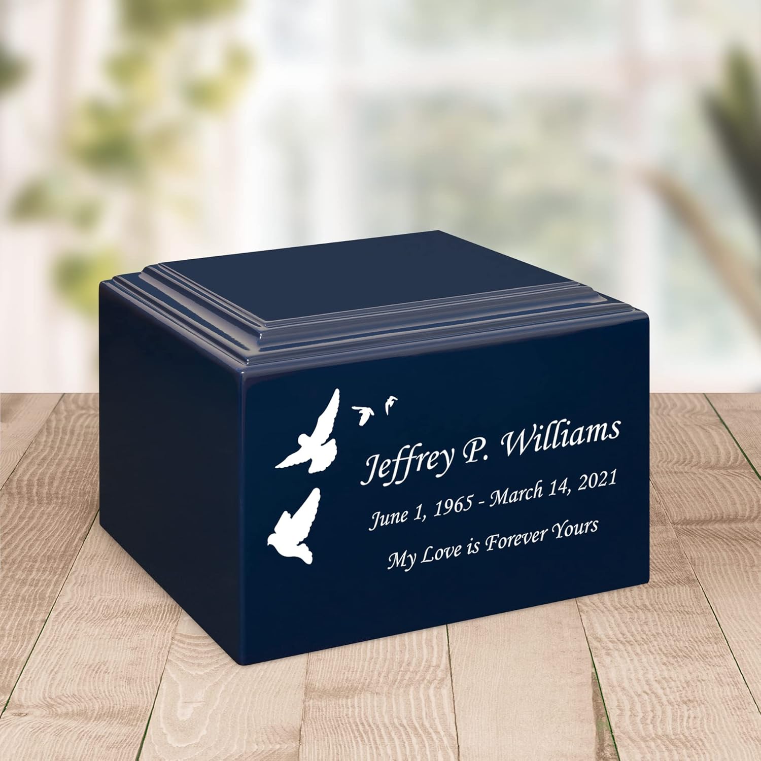 Stonewood Medium Custom Engraved Ascending Doves Cremation Urn for Human Ashes - Composite Wood Cremation Urn for Adult Ashes - 110 Cubic Inch Capacity - Personalization Included