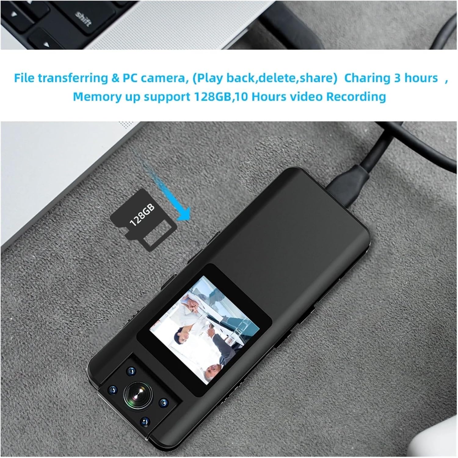 VCHICS A22 Mini Body Camera connected to a laptop for file transfer
