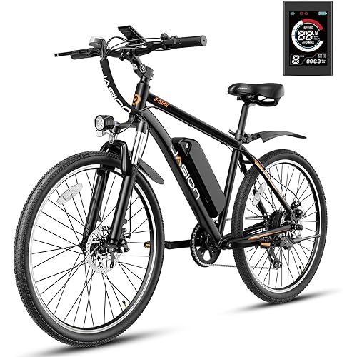 Jasion EB5 Electric Bike for Adults with Peak 750W Brushless Motor, 40Miles 20MPH Commuting Electric Mountain Bike with 360Wh Removable Battery, 7-Speed, 26" Tires and Front Fork Suspension