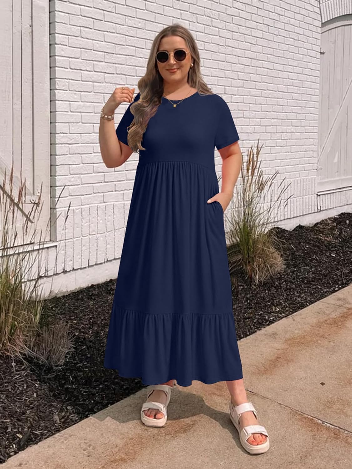 Plus Size Dresses for Women Summer Casual Short Sleeve Crewneck Aline Swing Flowy Tiered Maxi Long Dress with Pockets - Image 5