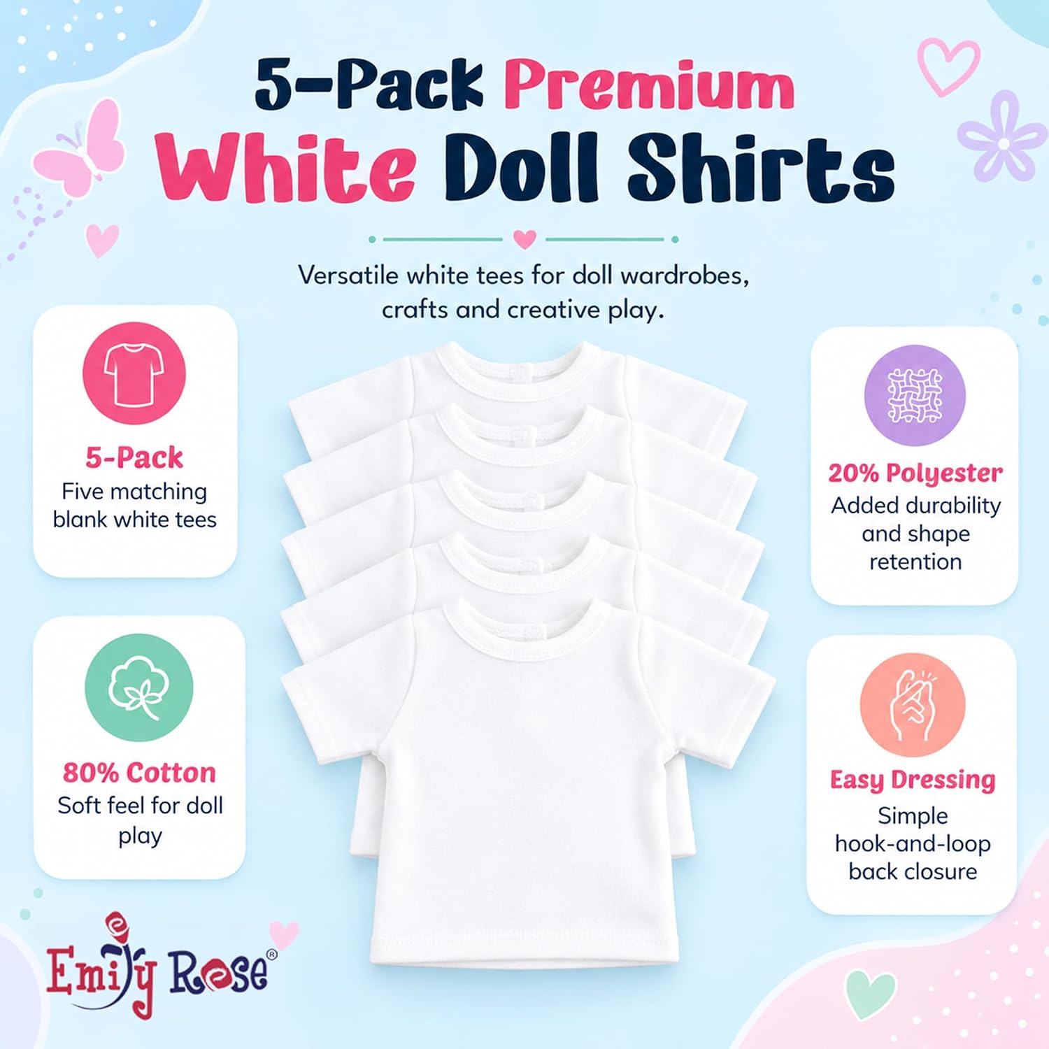 Emily Rose 5-Pack Bright White 18 Inch Doll Clothes Premium T-Shirts image 2