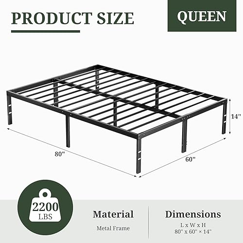 Miniatura 3 de Marco de cama tamaño Queen, marcos de cama de plataforma de metal de 14 pulgadas con soporte de listones de acero resistente, no necesita somier,