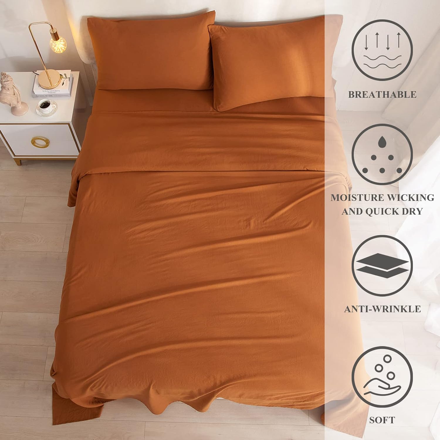 HighBuy Luxury Soft King Size Sheet Set Caramel- Breathable & Cooling Sheets - Hotel Quality Bed Sheets - Extra Soft - Deep Pockets 16 Inch - Easy Fit - 4 Piece Set - Wrinkle Free King Sheets,Pumpkin image 3