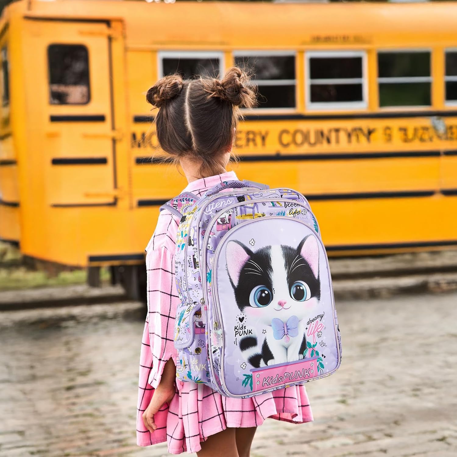KidsPUNK Girls Backpack Kids Backpacks for Girls Cute Milk Cat Backpack Kawaii Backpack for Preschool Elementary Kindergarten,Light Purple Color,Large Capacity,16 Inch