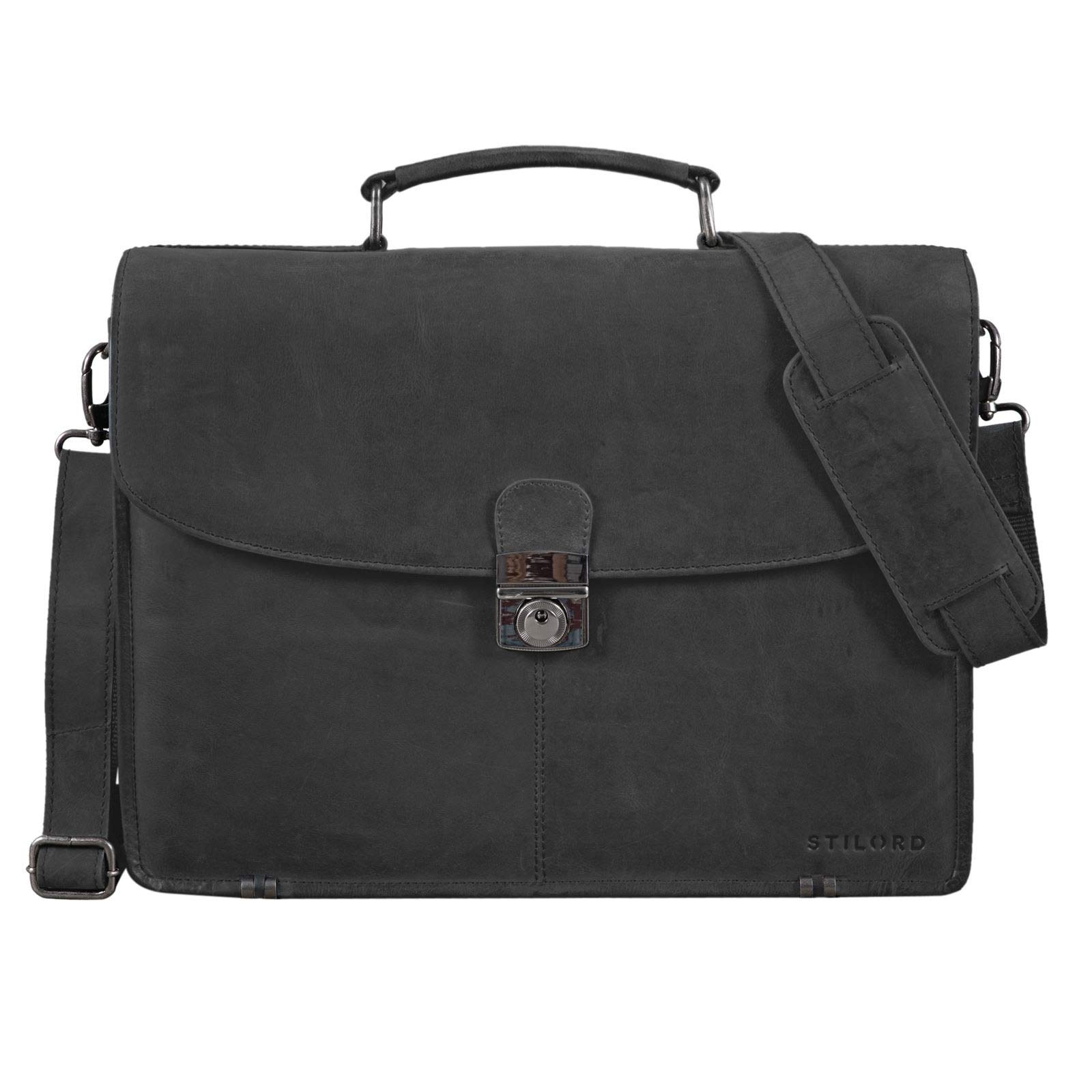 STILORD "Miguel" Classic Leather Briefcase Black Gents duża torba biznesowa torba biurowa z zamkiem do powieszenia 15,6 calowej torby na laptopa Kolor:czarny