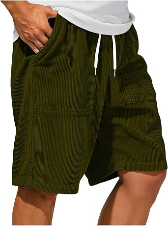 Mens Corduroy Shorts Casual Vintage Elastic Waist Drawstring Summer Beach Shorts with Side Pockets