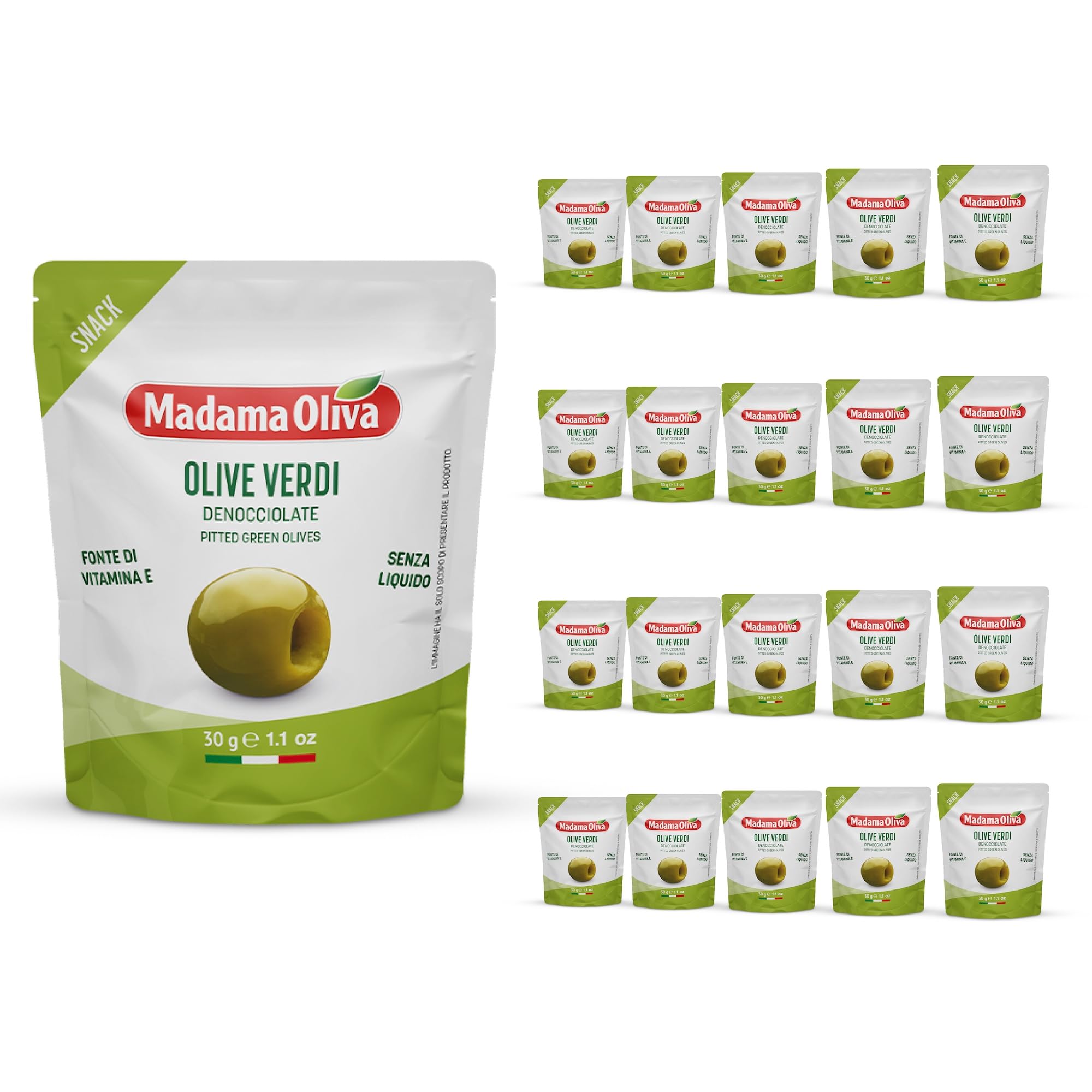 MADAMA OLIVA, Olive Verdi Denocciolate dal Colore Verde Intenso e Gusto Deciso, 100% Made in Italy, Senza Conservanti Aggiunti, 100% Vegetale, Box da 20 Buste in Alluminio da 30 gr