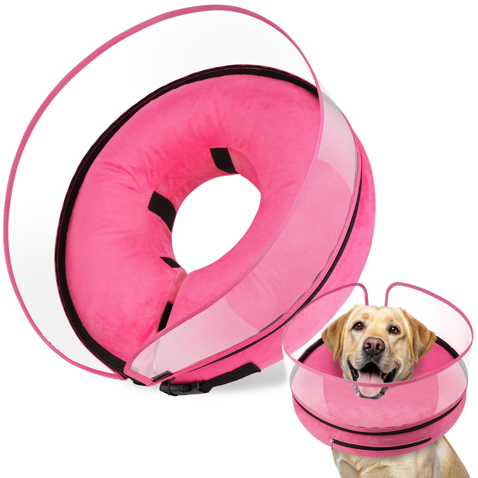 barkless dog cone, inflatable dog cone after surgery, soft surgery collar with enhanced anti-licking guard shield for pets, patented protective donut collar (hot pink, l (neck: 14"-18"))