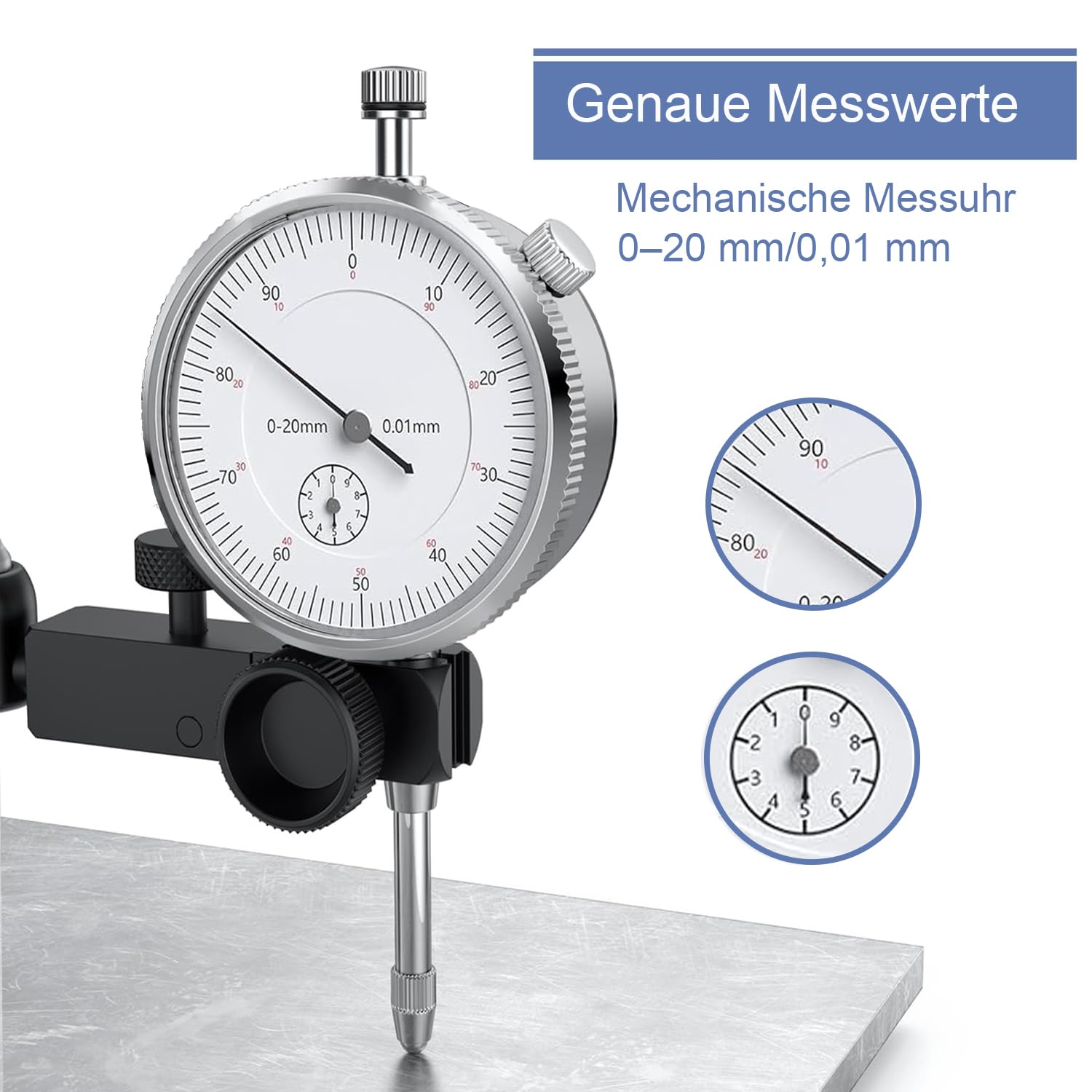 Messuhr mit Zentralklemmung, 0-20mm Messtaster, 0,01 mm Messgenauigkeit, 176lbs/80 kg mit Magnetfuß, für Messuhr mit konventionellem Zifferblatt