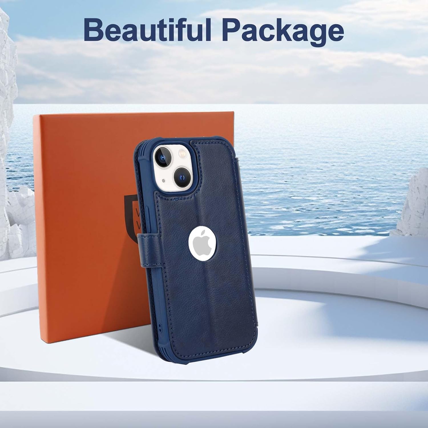 VANAVAGY Compatible for iPhone 13 Mini Wallet Case for Women Men, PU Leather Flip Phone Cover with Wrist Strap for Wireless Charging with RFID Blocking Card Holder Screen Protector,Navy Blue