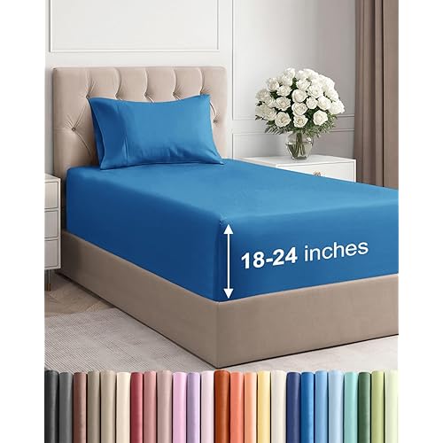 Extra Deep Pocket Twin Sheets - 3 Piece Breathable & Cooling Bed Sheets - Hotel Luxury Bed Sheet Set - Soft, Wrinkle Free & Comfy - Easily Fits Extra Deep Mattresses - Deep Pocket Denim Blue Sheets