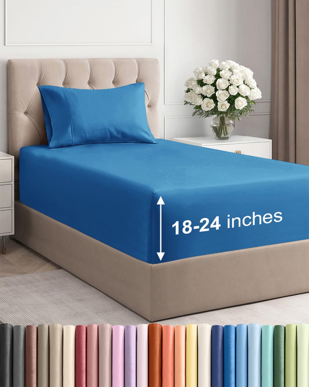 extra deep twin sheet set - 3 piece breathable cooling sheets - denim blue