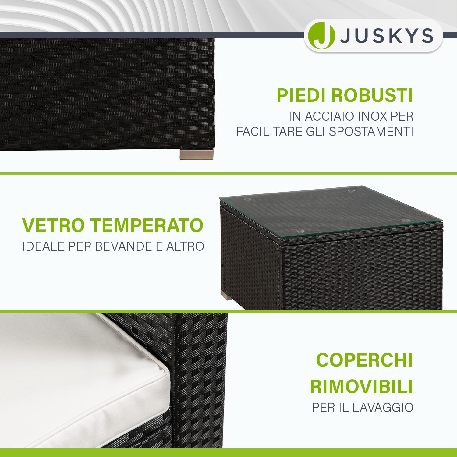 Juskys Lounge in polyrattan Punta Cana L resistente alle intemperie con divano, poltrona, sgabello, tavolo e cuscini - 4-5 persone - set di mobili da giardino lounge nero/crema