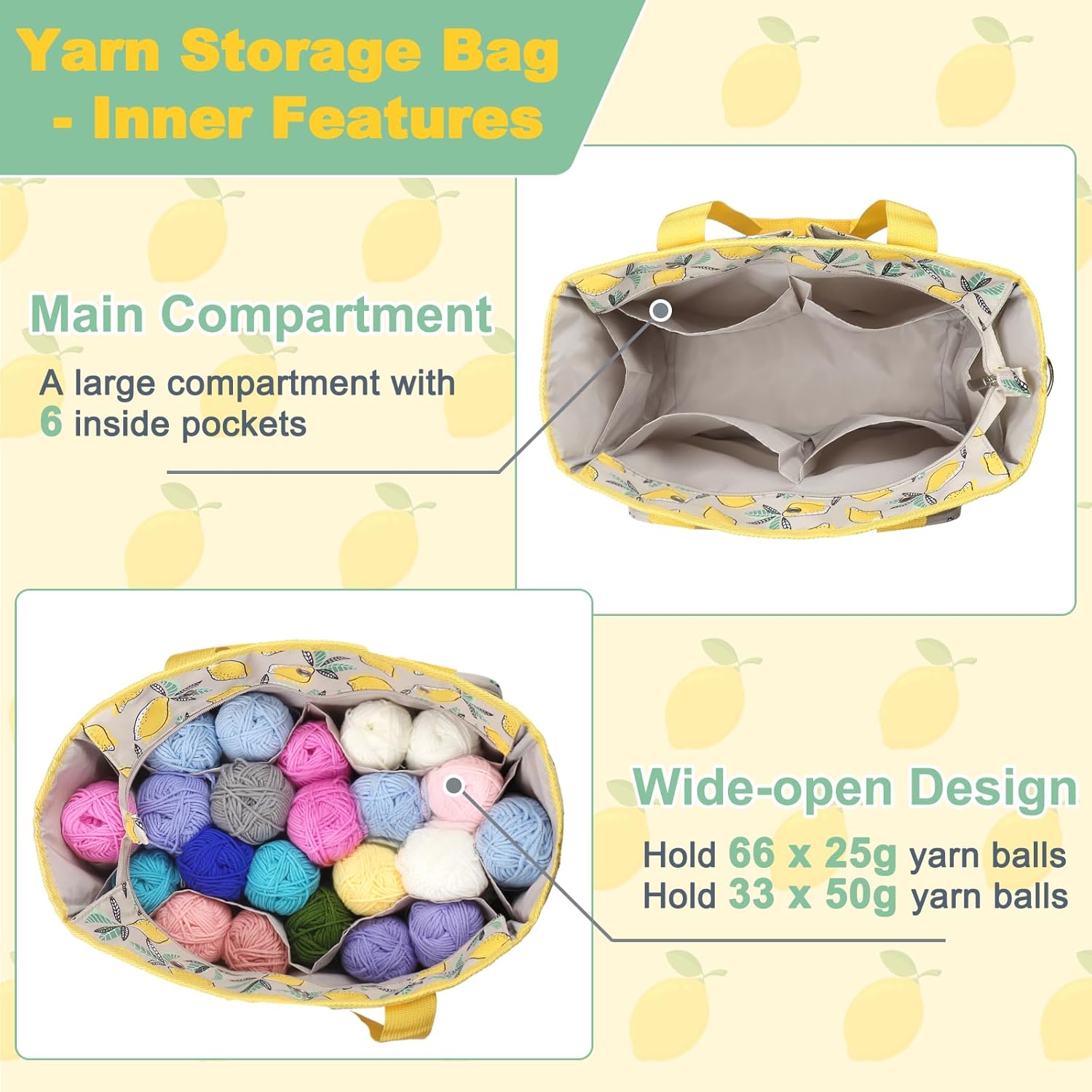 Yarn Storage Organizer Travel Crochet Bag, Large Capacity Tote Bag Knitting Bag for Carrying Projects, Knitting Needles, Crochet Hooks and Yarn, Fruit Yellow Lemon