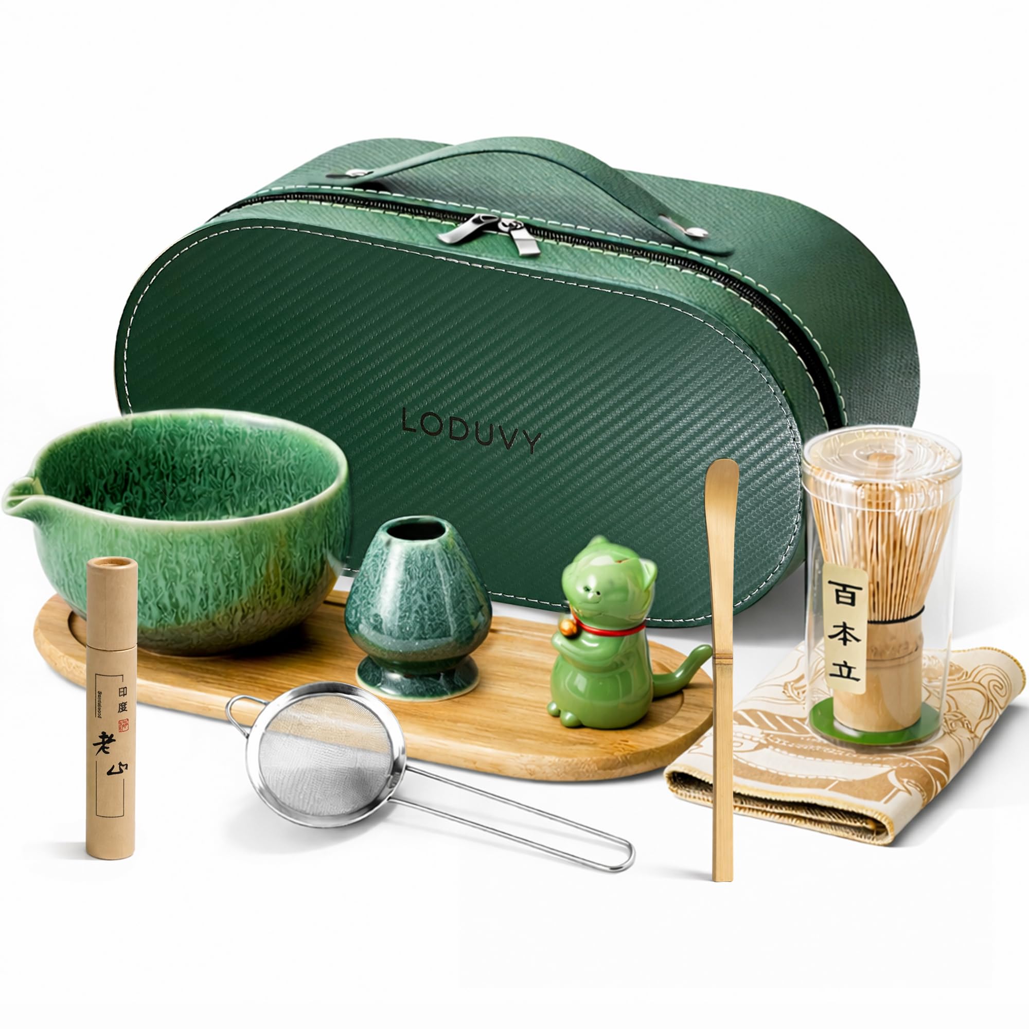 Kit Matcha Cérémonie 10 Pièces avec Sac de Transport – Set Matcha Complet avec Fouet Matcha Bambou, Verre Matcha et Accessoires – Kit Traditionnel pour Préparer le Thé Matcha – Idée Cadeau