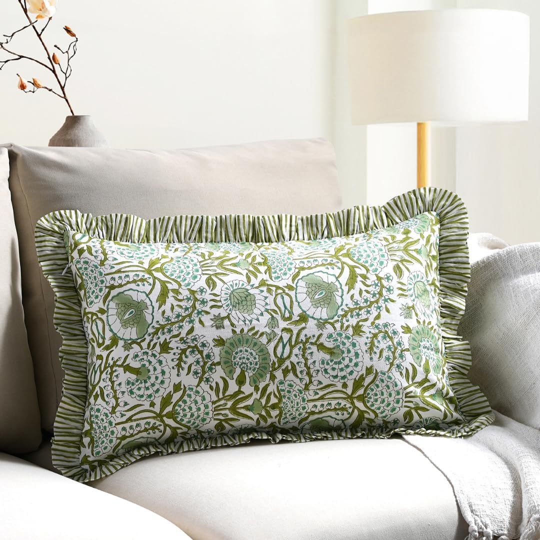 CPC Hand Block Print Agate Green Ruffle Sham Pillow Cover 20" x 12" inch Hidden Zipper Decorative Pillowcase for Couch, Bed, Sofa, Farmhouse, Cottagecore Decor Gift Spring, Mother's Day