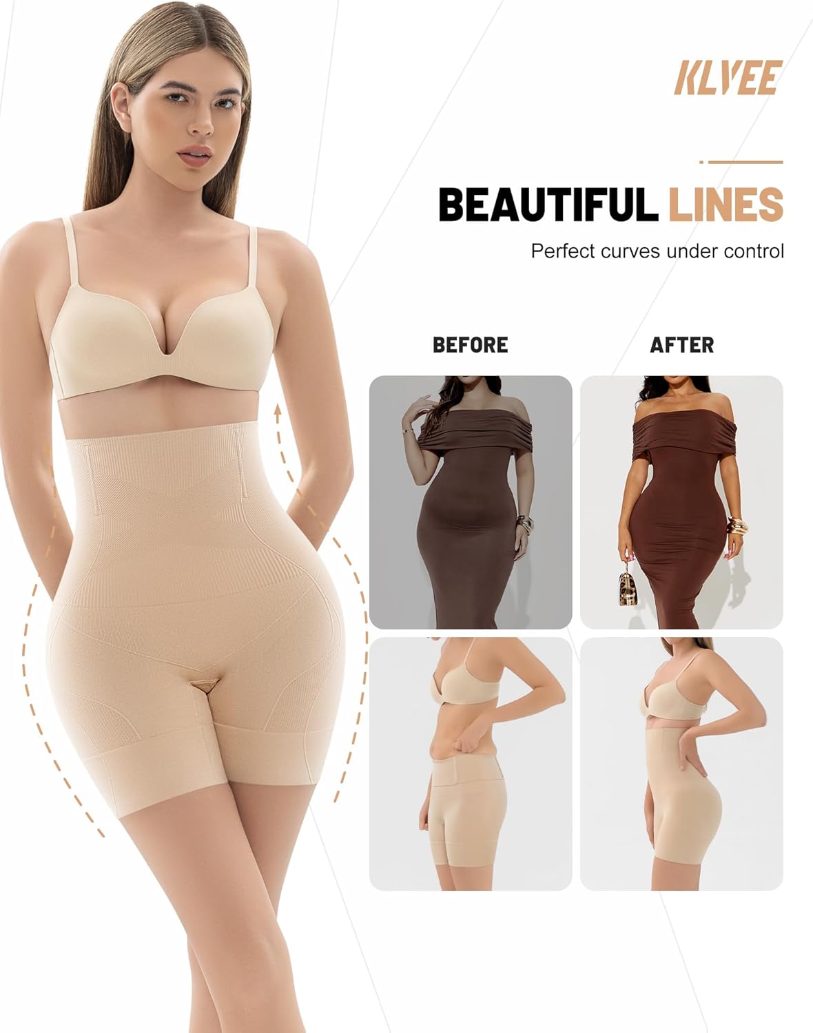 KLVEE Shapewear for Women Tummy Control, High Waisted Body Shaper Shorts Butt Lifting Panties Thigh Slimmer Shapewear Under Dress - Image 4