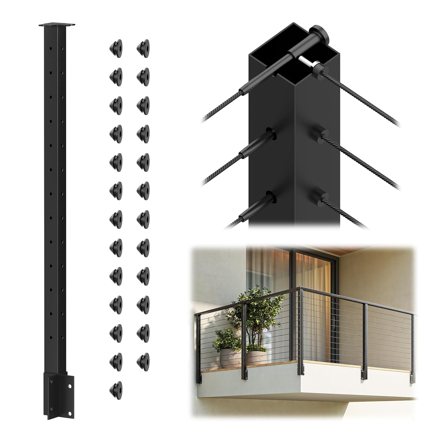 BLIKA 42" Side Mount Outside Corner Post, Stainless Steel, 3-Side Drilled Side Fascia Mount Corner Post for Cable Railing Kit, Black Powder Coated Cable Railing Post