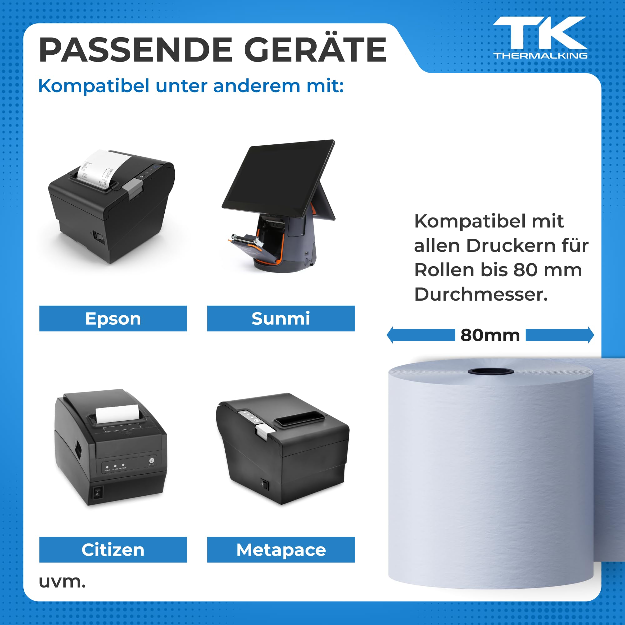 THERMALKING - ÖKO - Thermorollen 80mm x 80m x 12mm [für Bondrucker wie Epson, IBM & co.] - Bonrollen 80x80x12 Thermo - Thermopapier - Geeignet für Drucksysteme mit Papierbedarf bis 80m (40 Stk)