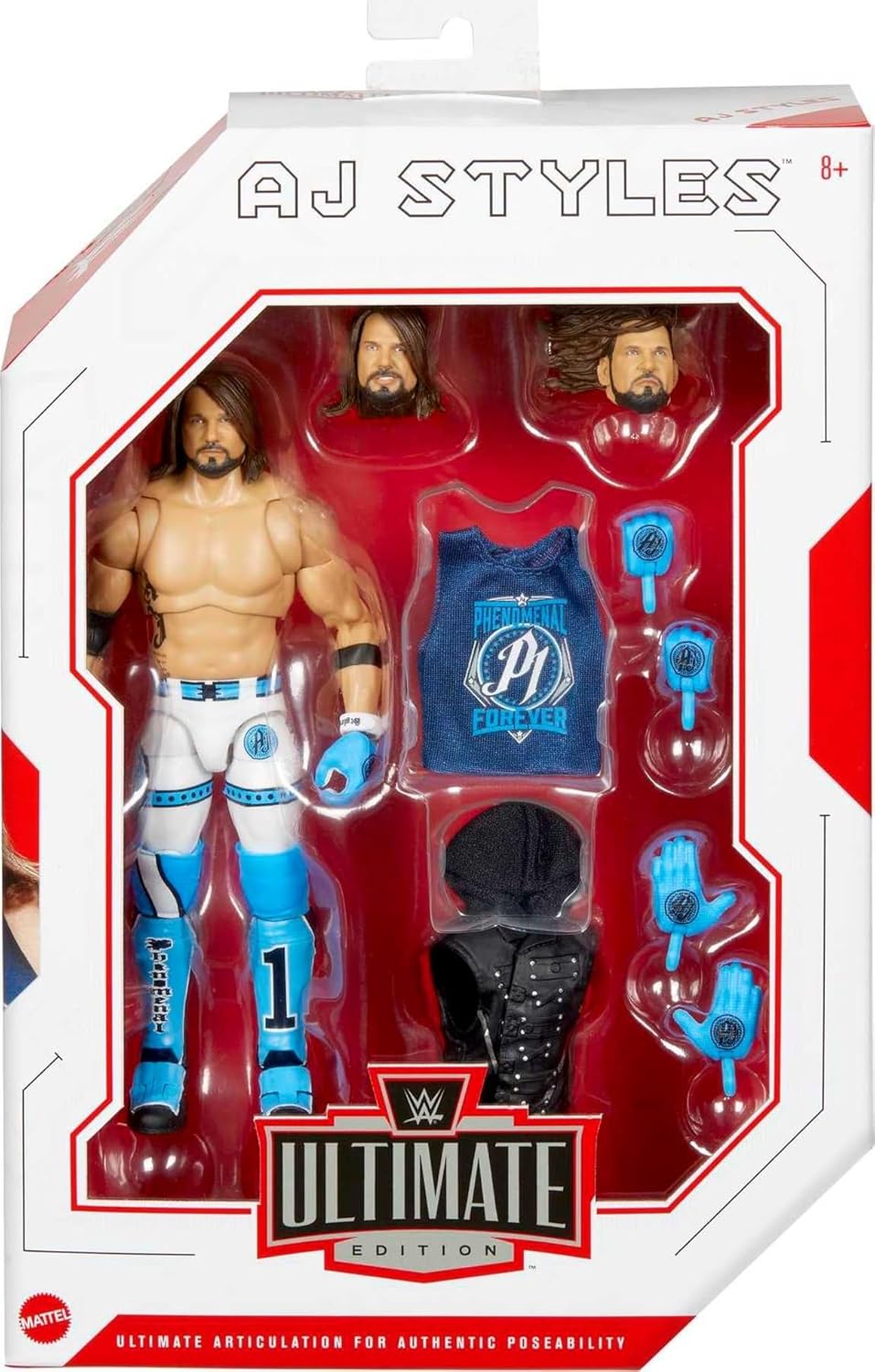 Mattel WWE Ultimate Edition Action Figure & Accessories Set, AJ Styles 6-inch Collectible with 30 Articulation Points, Swappable Pieces & Entrance Gear
